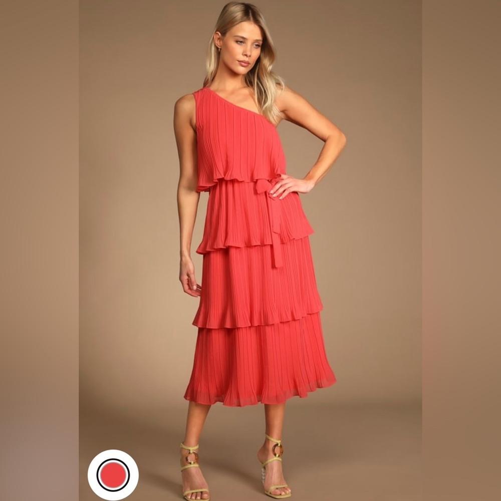 Coral One Shoulder Tiered Midi Dress